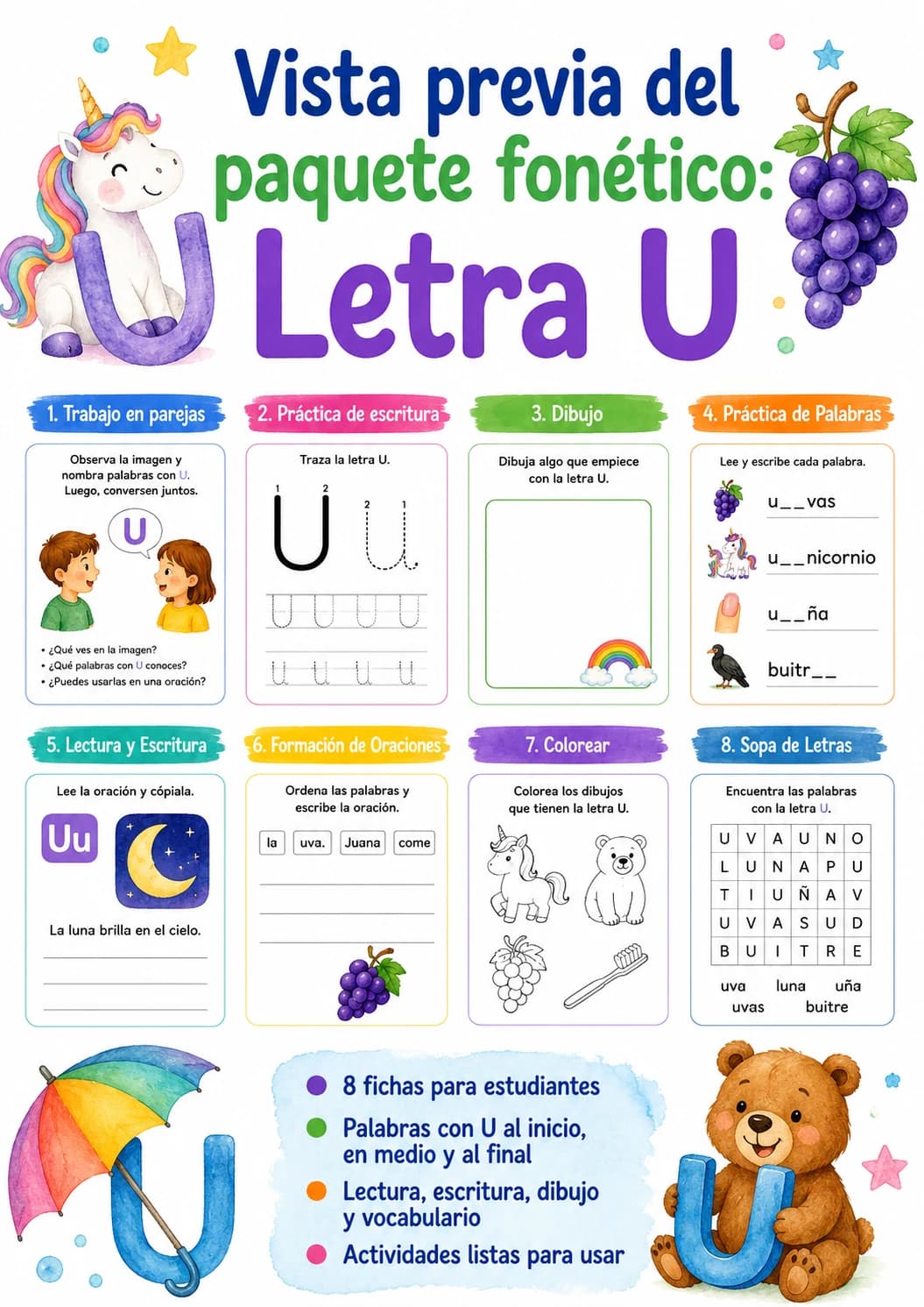 Spanish Letter U Phonics Worksheets Pack page 2 printable worksheet preview