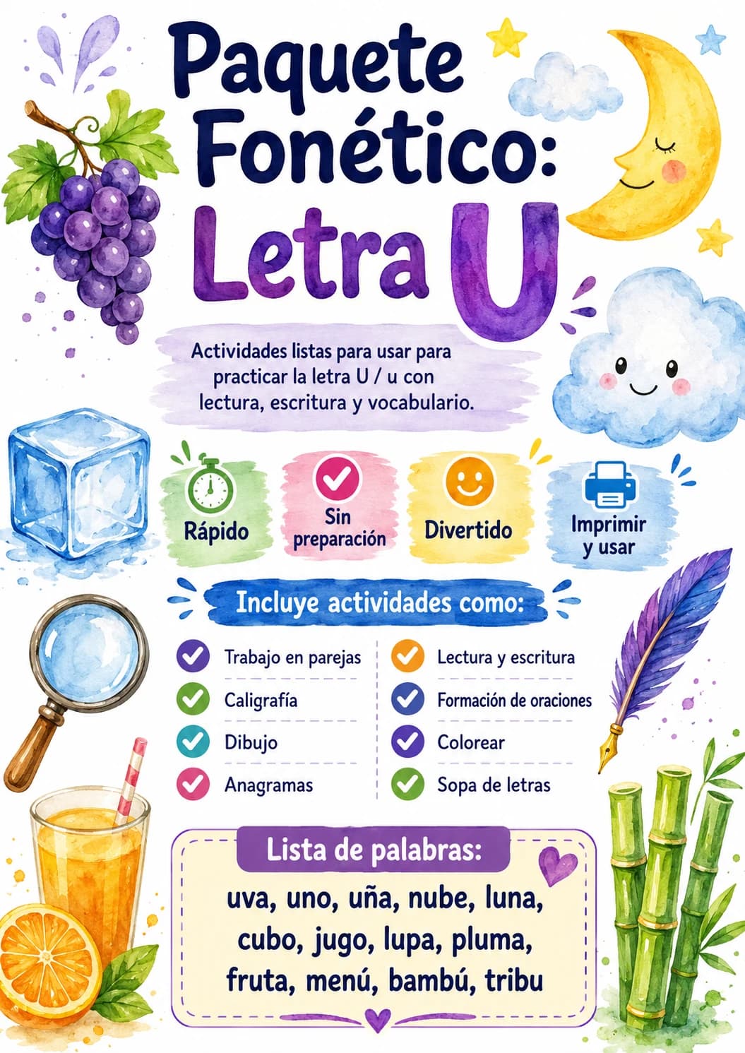 Spanish Letter U Phonics Worksheets Pack page 5 printable worksheet preview