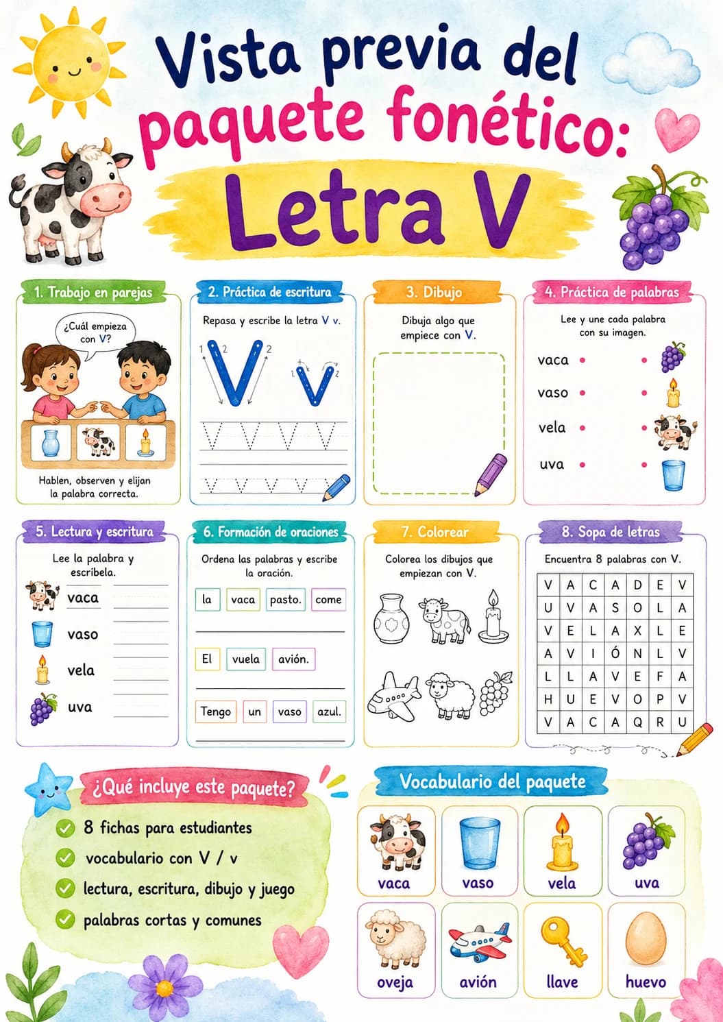 Spanish Letter V Phonics Worksheets Pack page 9 printable worksheet preview