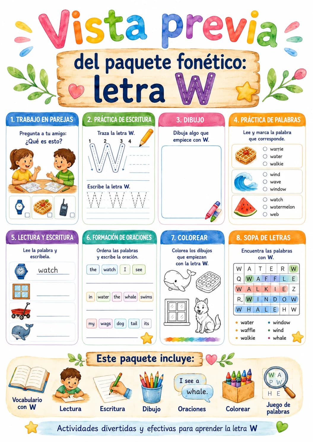 Spanish Letter W Phonics Worksheets Pack page 5 printable worksheet preview