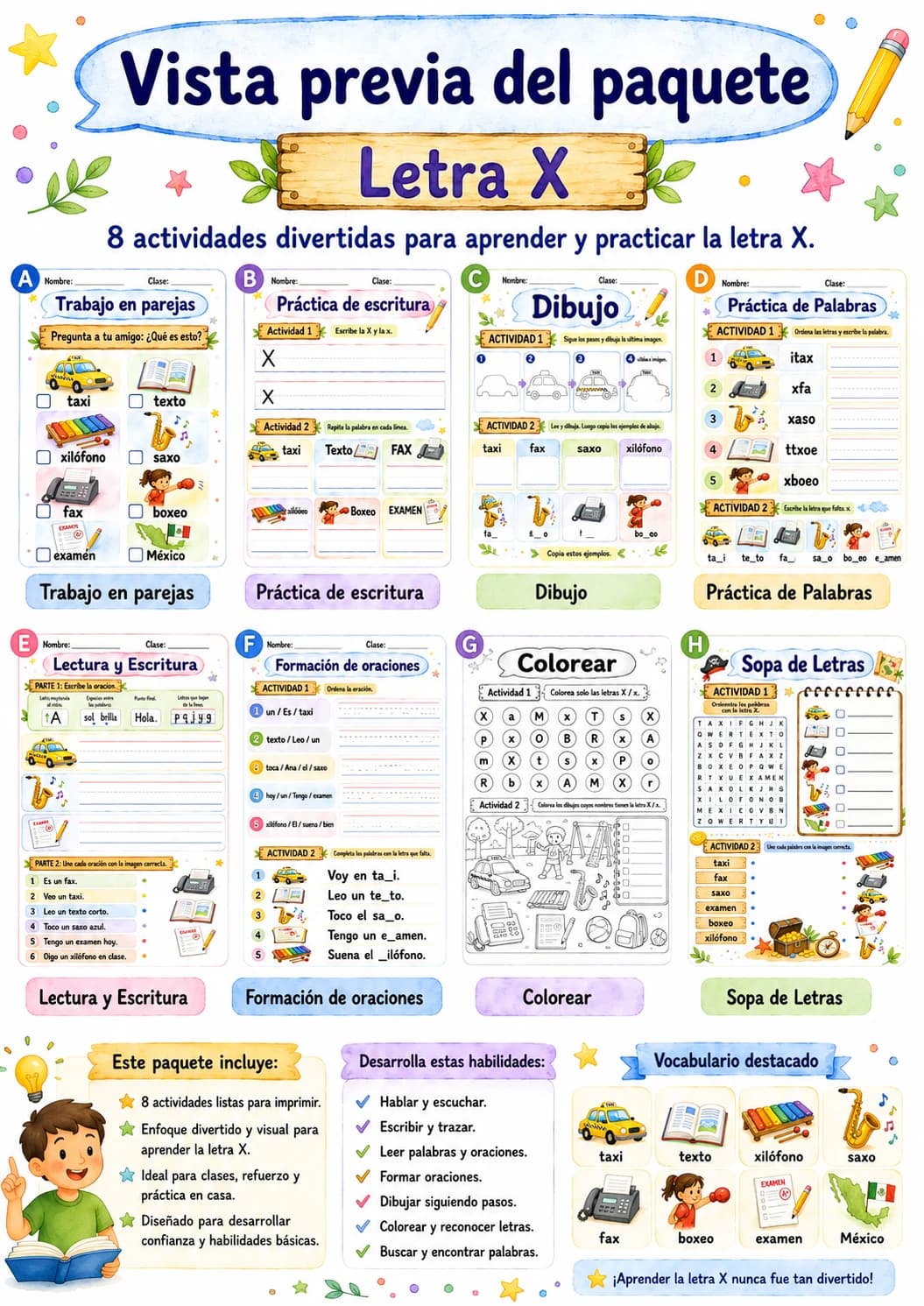 Spanish Letter X Phonics Worksheets Pack page 4 printable worksheet preview