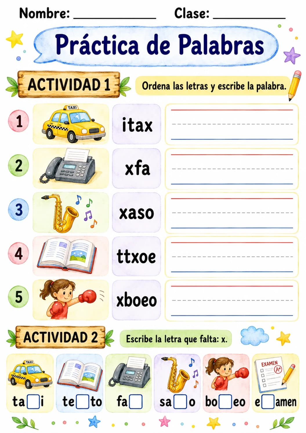 Spanish Letter X Phonics Worksheets Pack page 5 printable worksheet preview