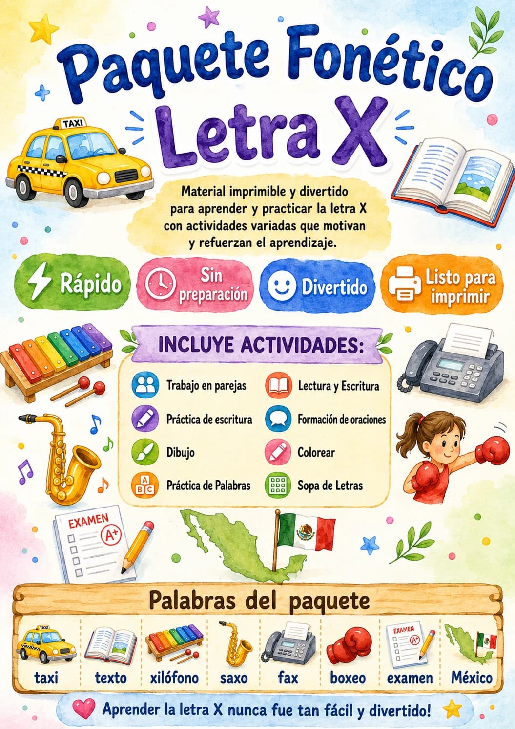 Spanish Letter X Phonics Worksheets Pack page 9 printable worksheet preview