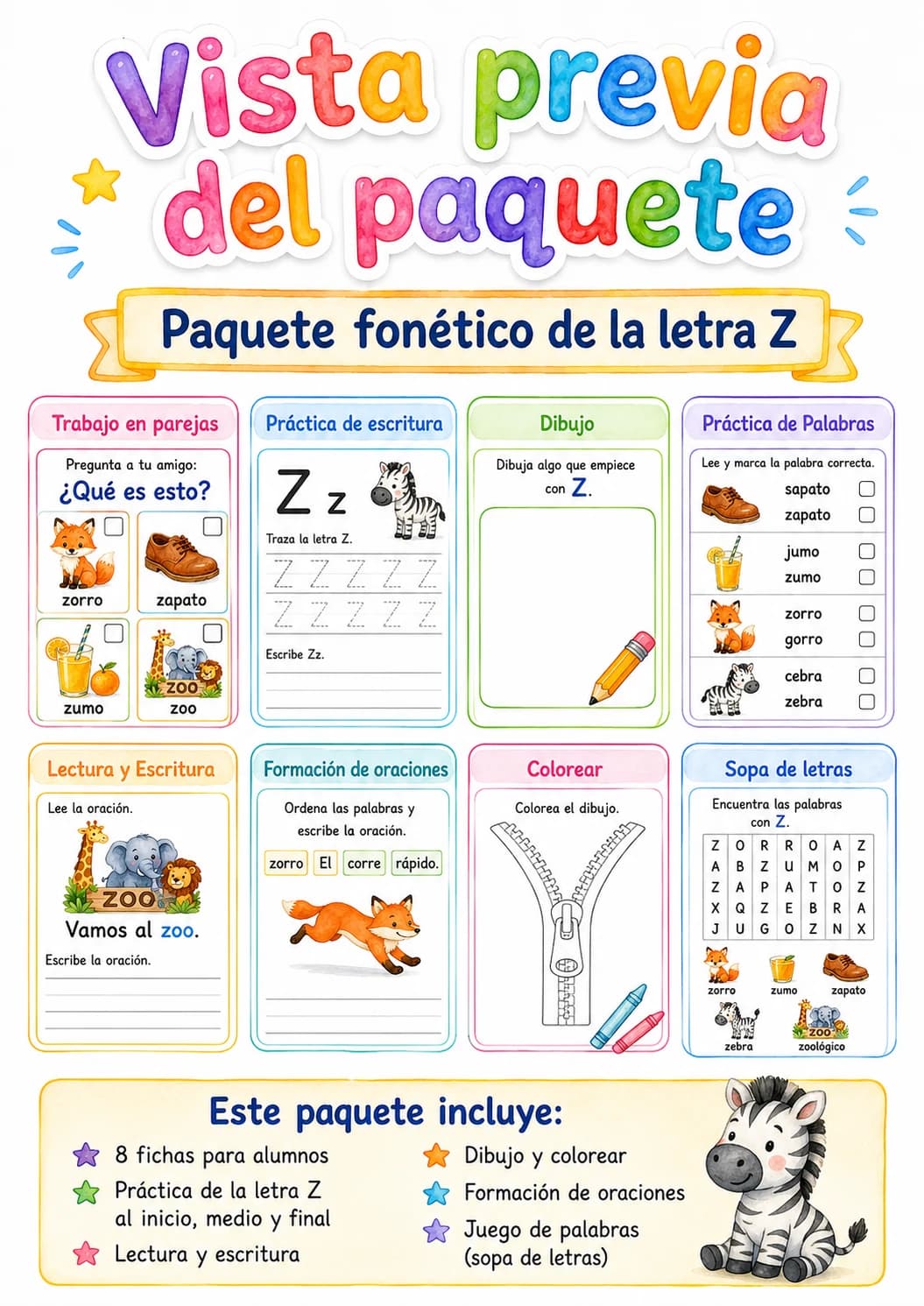 Spanish Letter Z Phonics Worksheets Pack page 2 printable worksheet preview