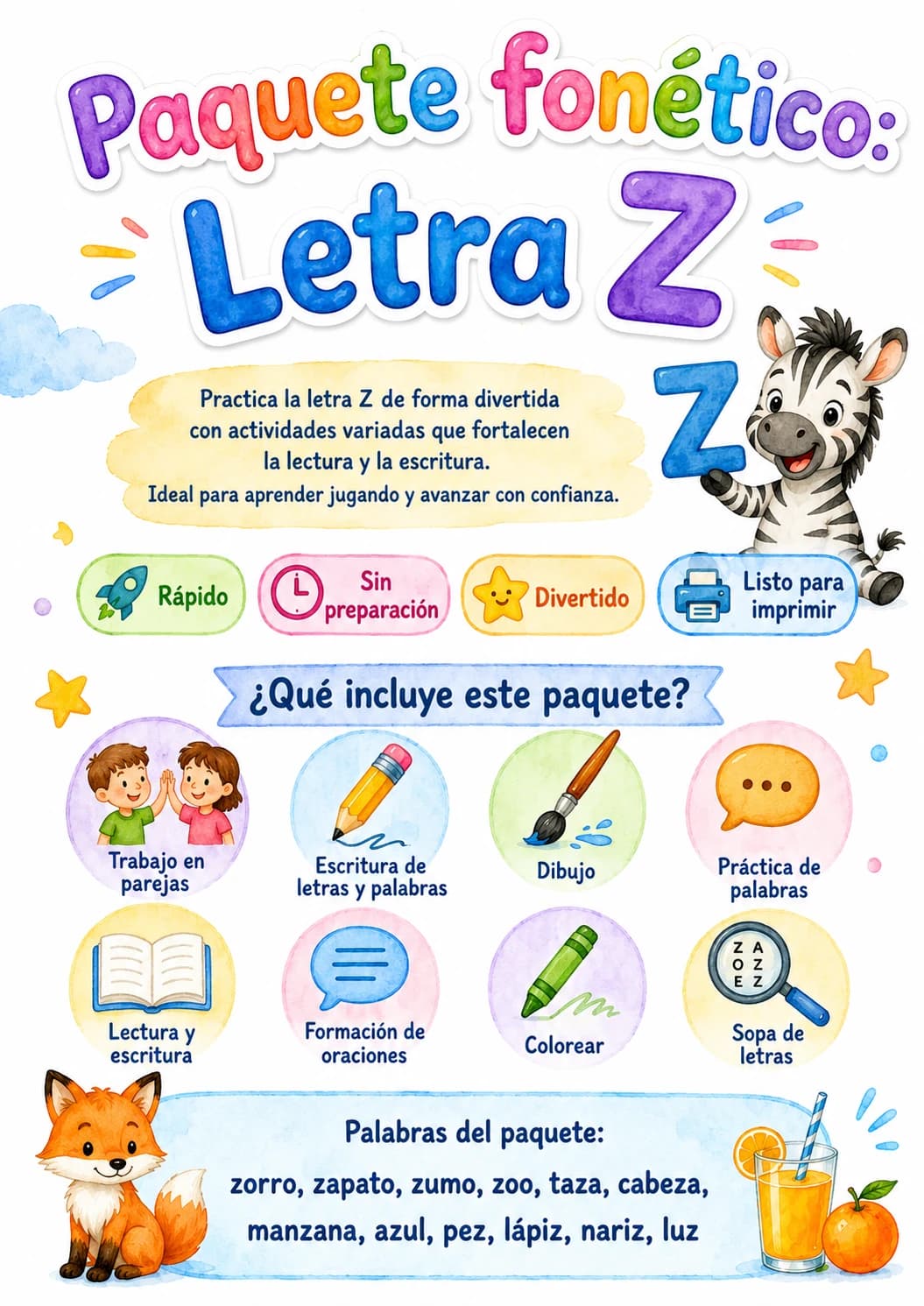 Spanish Letter Z Phonics Worksheets Pack page 7 printable worksheet preview