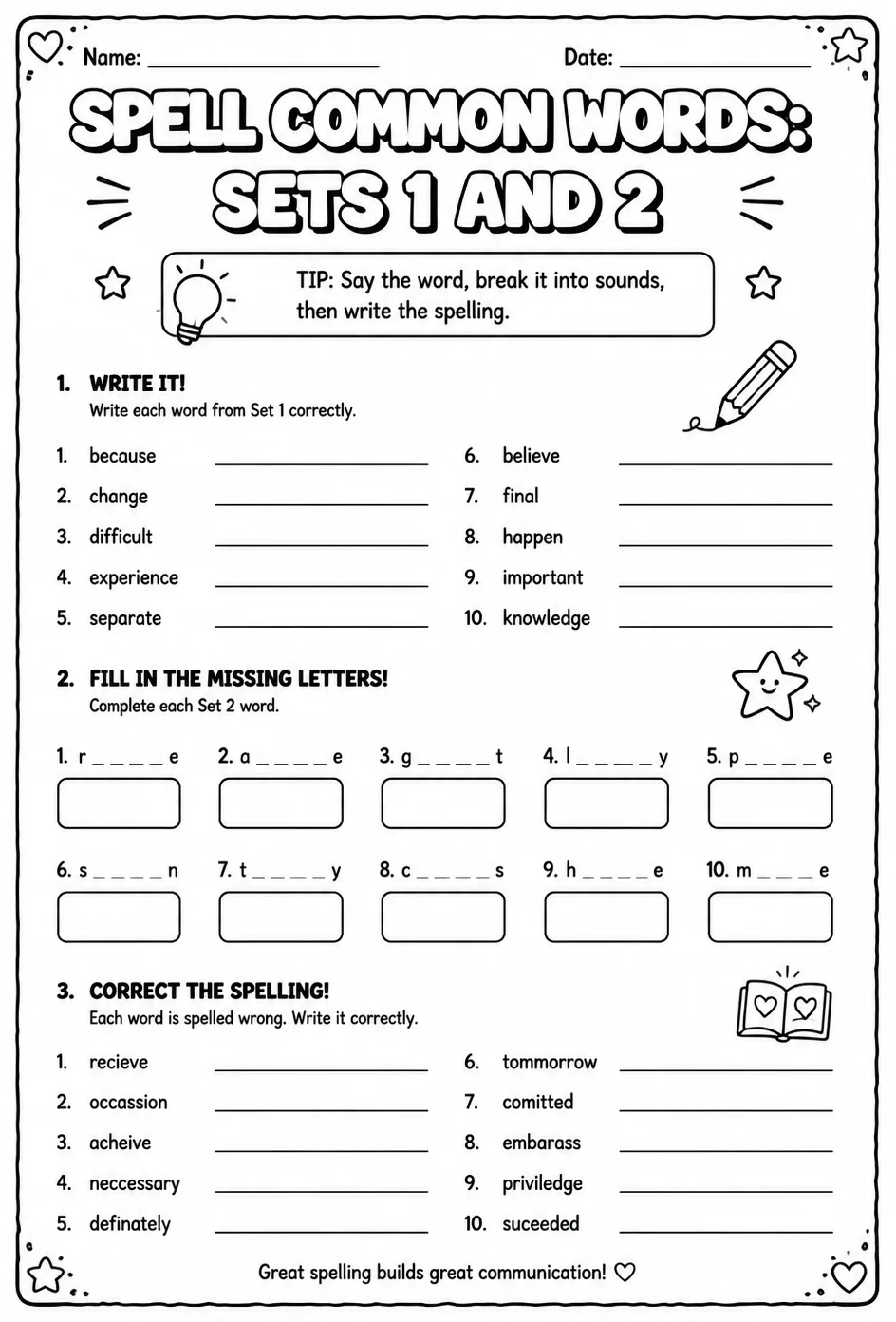 Spell common words: sets 1 and 2 — free printable Grammar and mechanics English worksheet