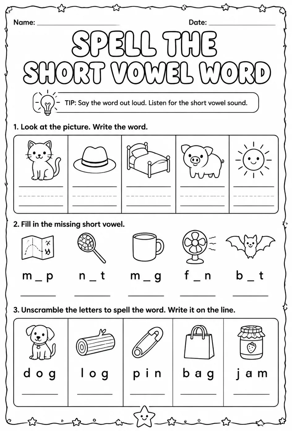 Spell the short vowel word — free printable Reading foundations English worksheet