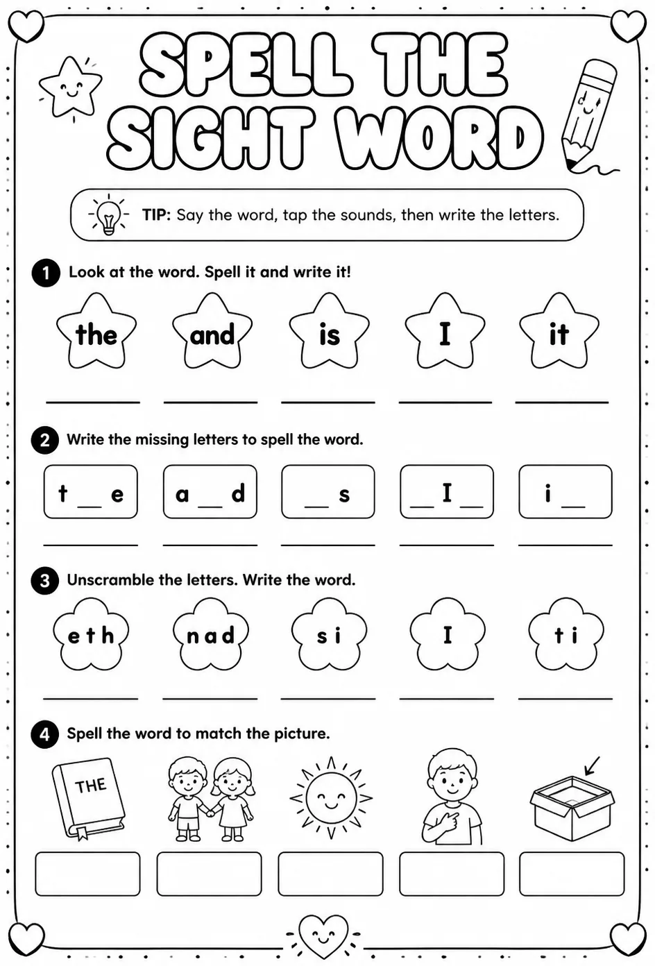 Spell the sight word — free printable Kindergarten English & Reading worksheet