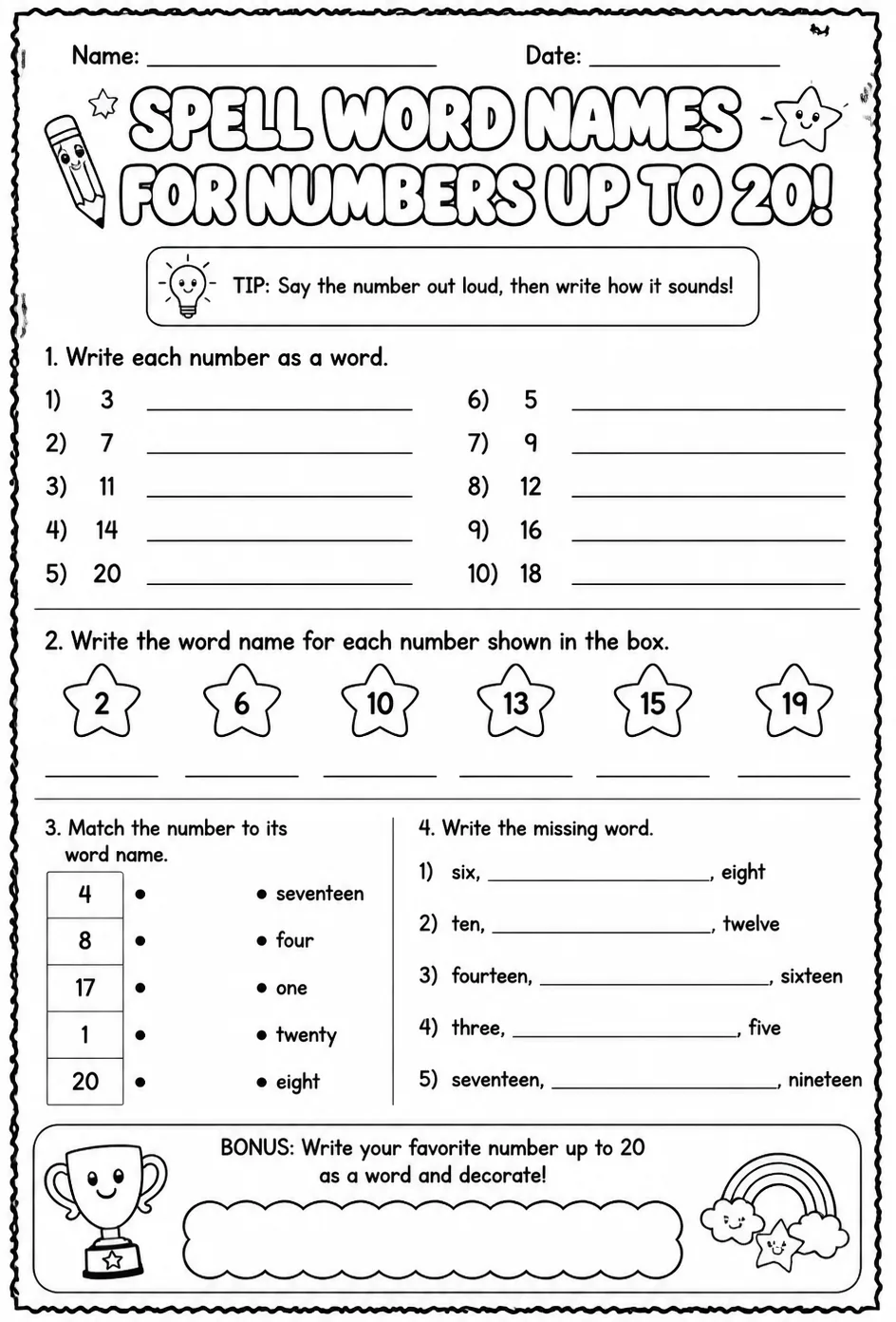 Spell word names for numbers up to 20 — free printable Grade 2 math worksheet