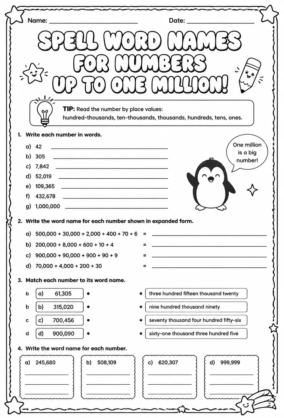 Spell word names for numbers up to one million — free printable Grade 5 math worksheet