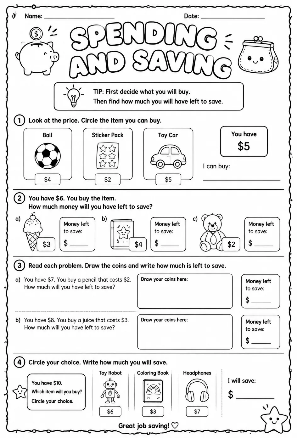 Spending and saving — free printable Grade 1 math worksheet