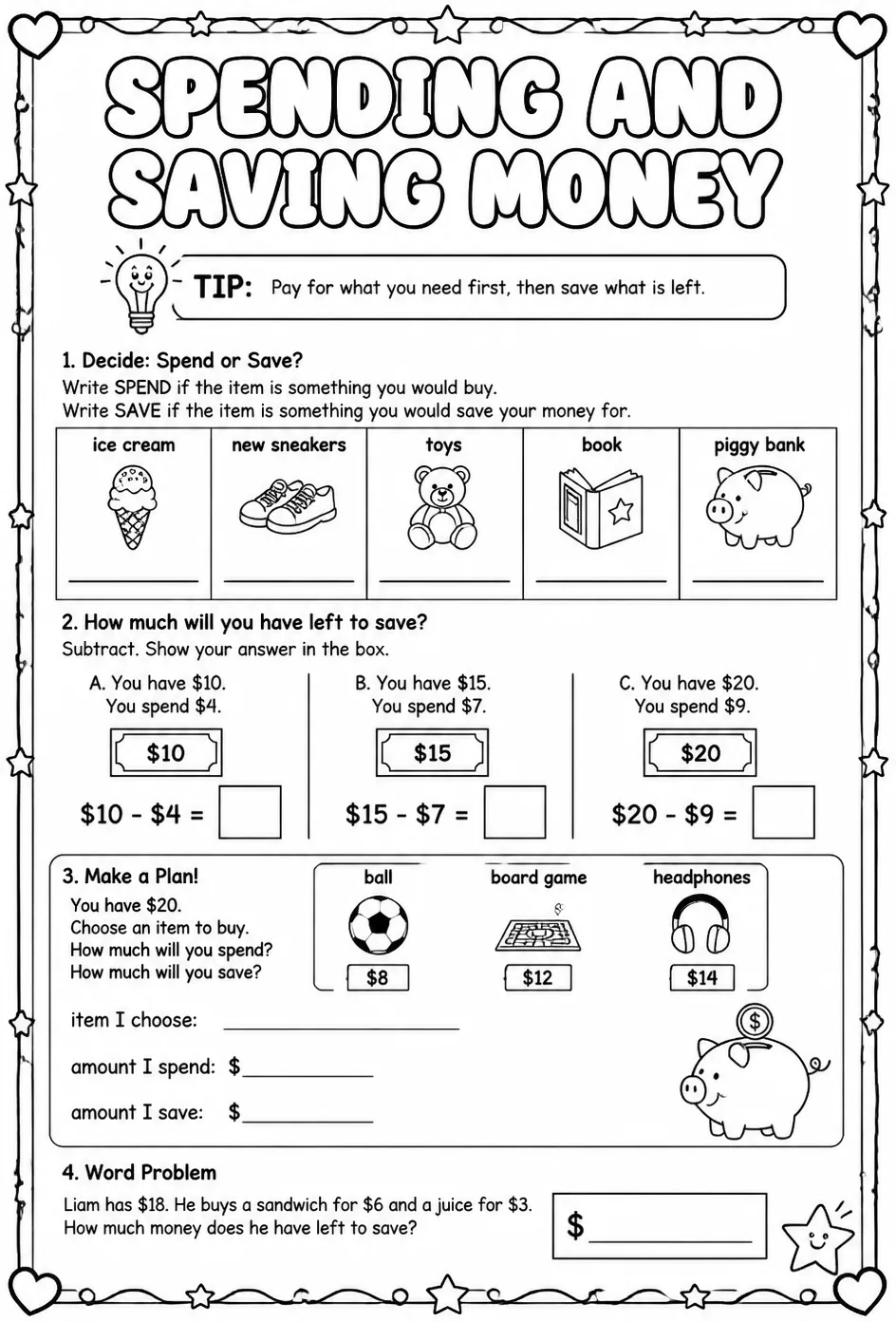 Spending and saving money — free printable Grade 2 math worksheet