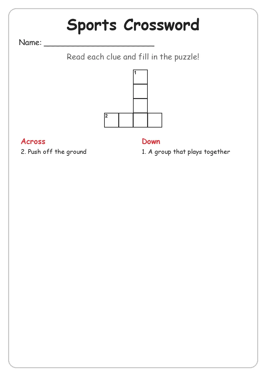 Sports crossword worksheet for Grade 2