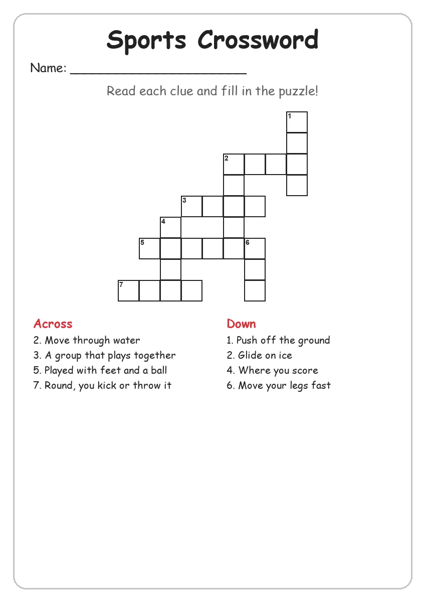 Sports crossword worksheet for Grade 3