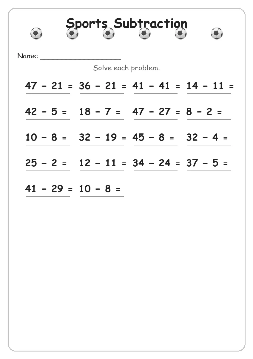 Sports subtraction worksheet for Grade 2