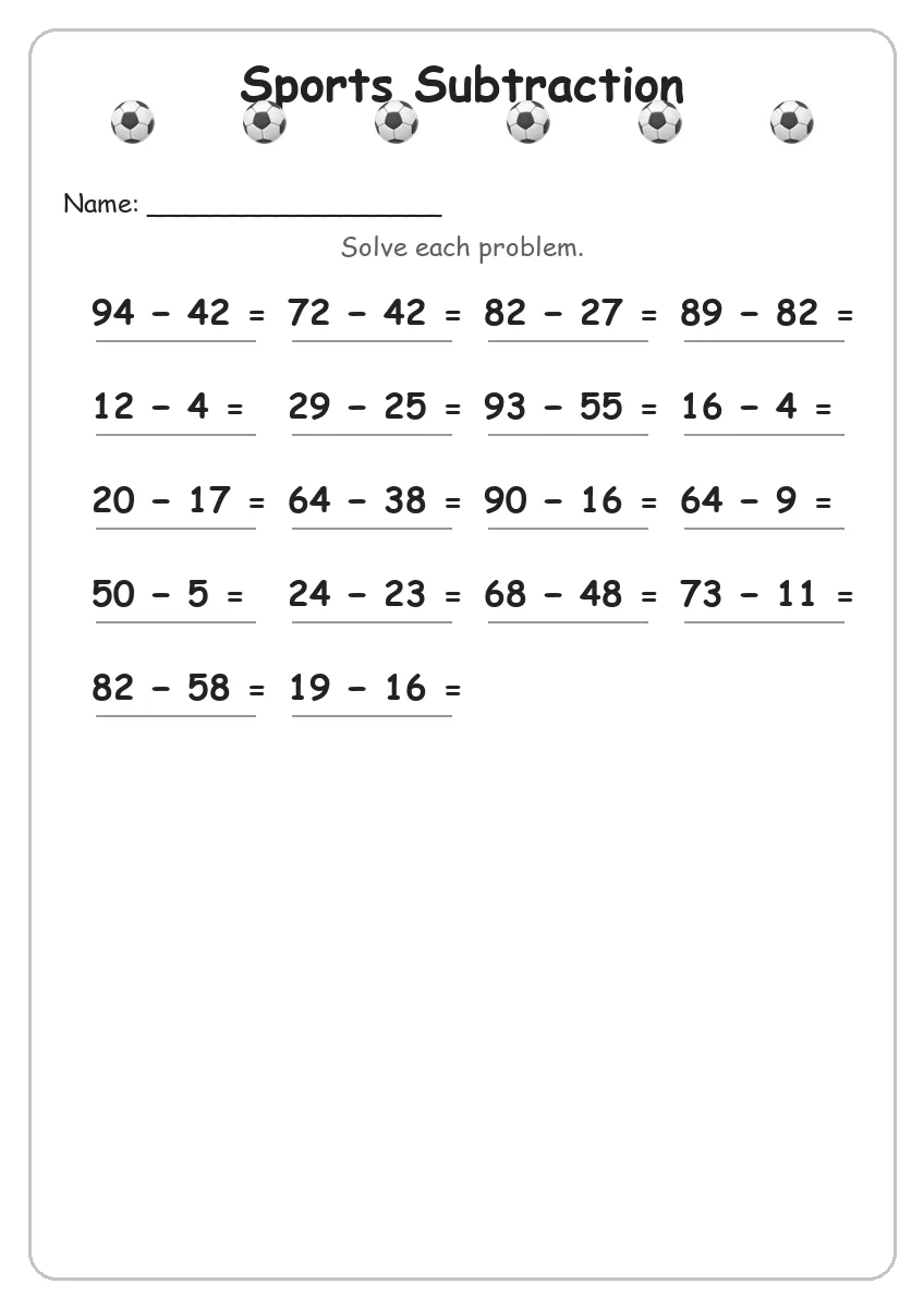 Sports subtraction worksheet for Grade 3