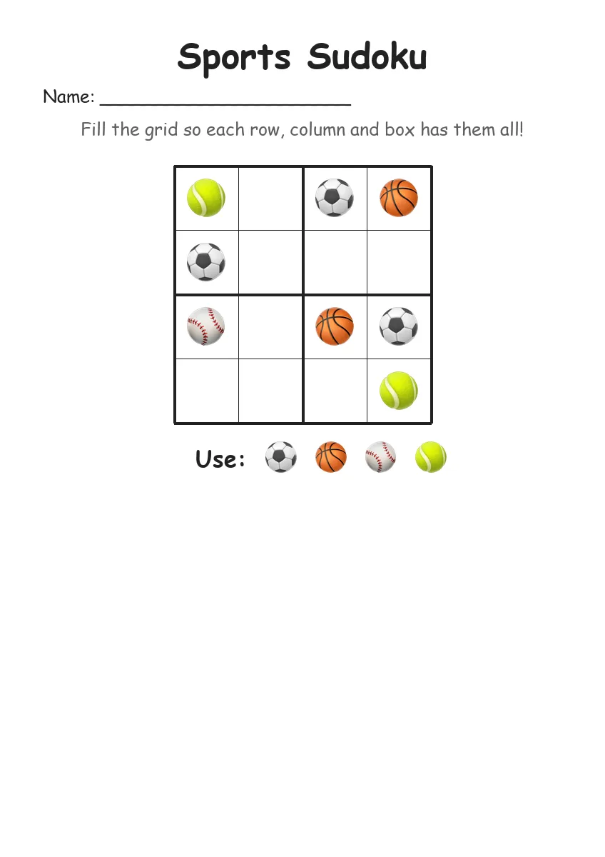 Sports Sudoku 4x4 (Kindergarten) worksheet for Kindergarten