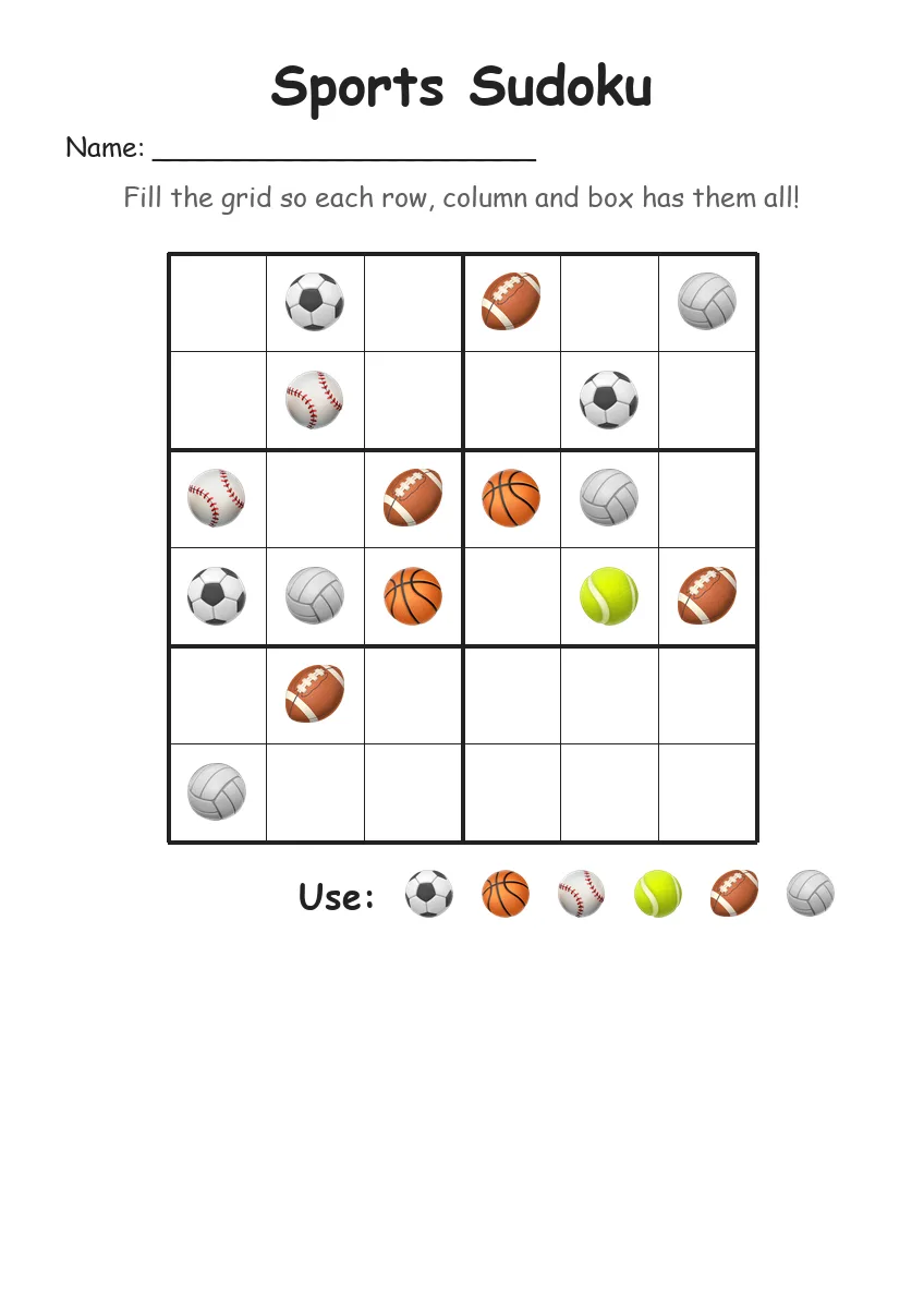 Sports Sudoku 6x6 (Grade 2) worksheet for Grade 2