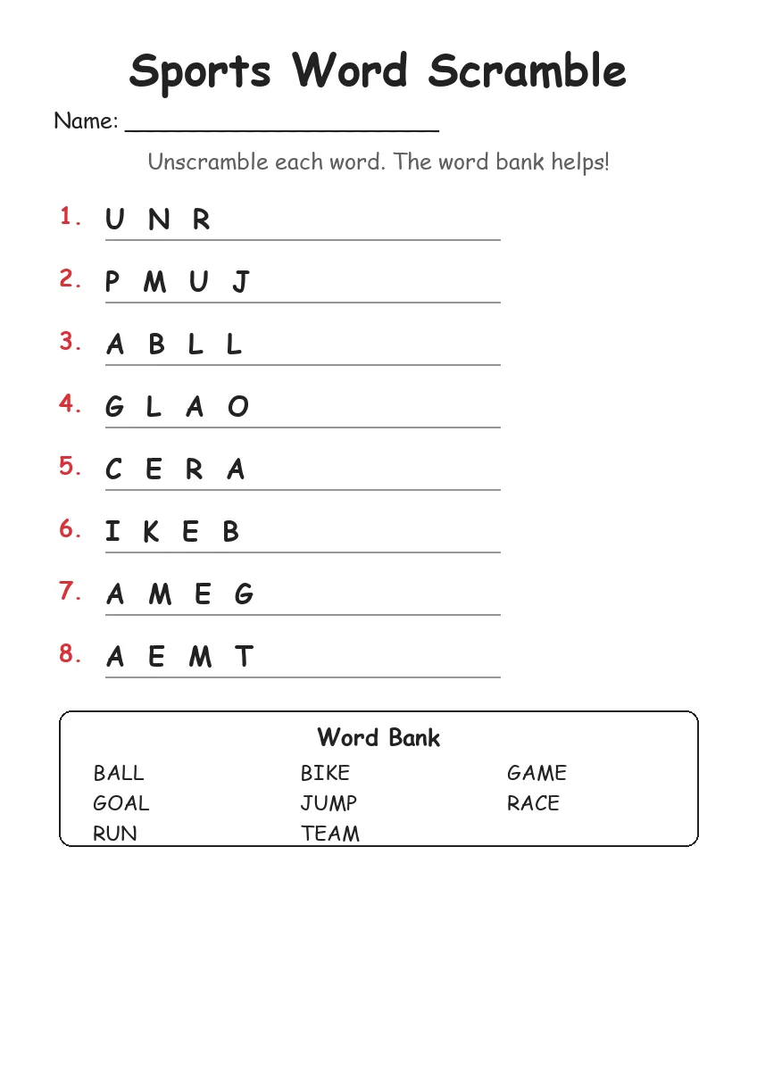 Sports word scramble worksheet for Grade 1