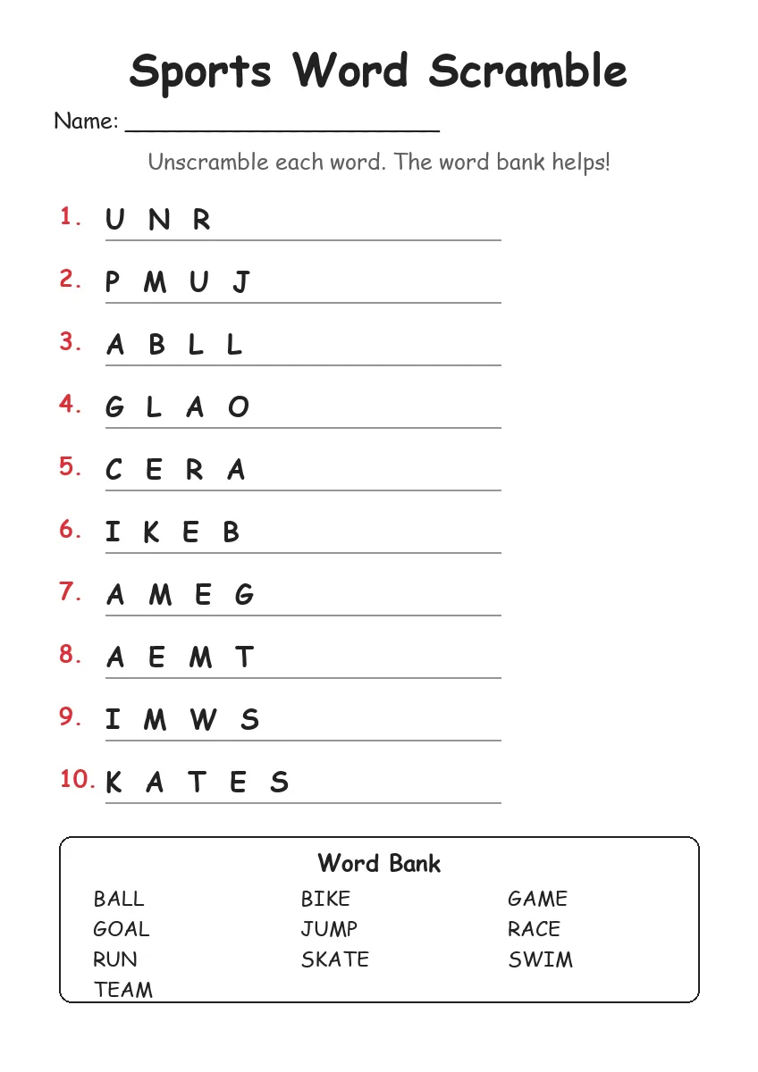 Sports word scramble worksheet for Grade 2