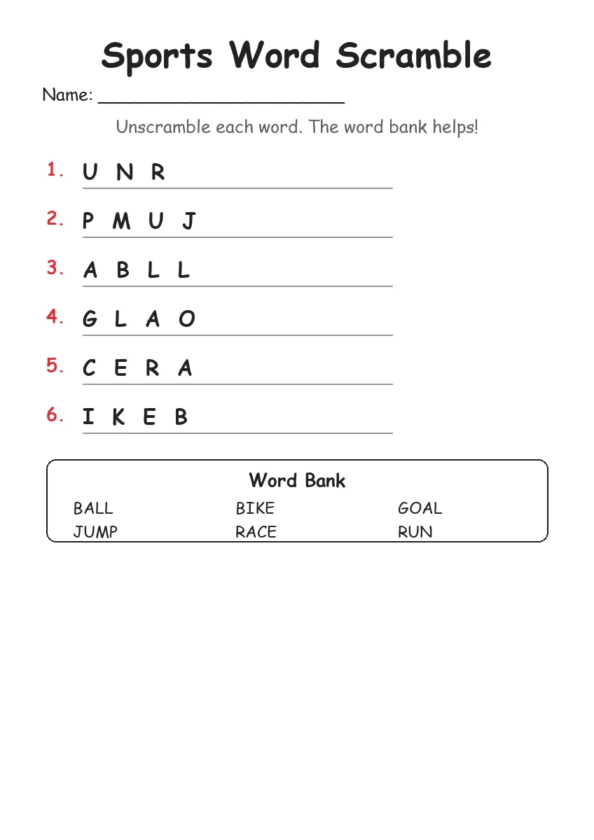 Sports word scramble worksheet for Kindergarten