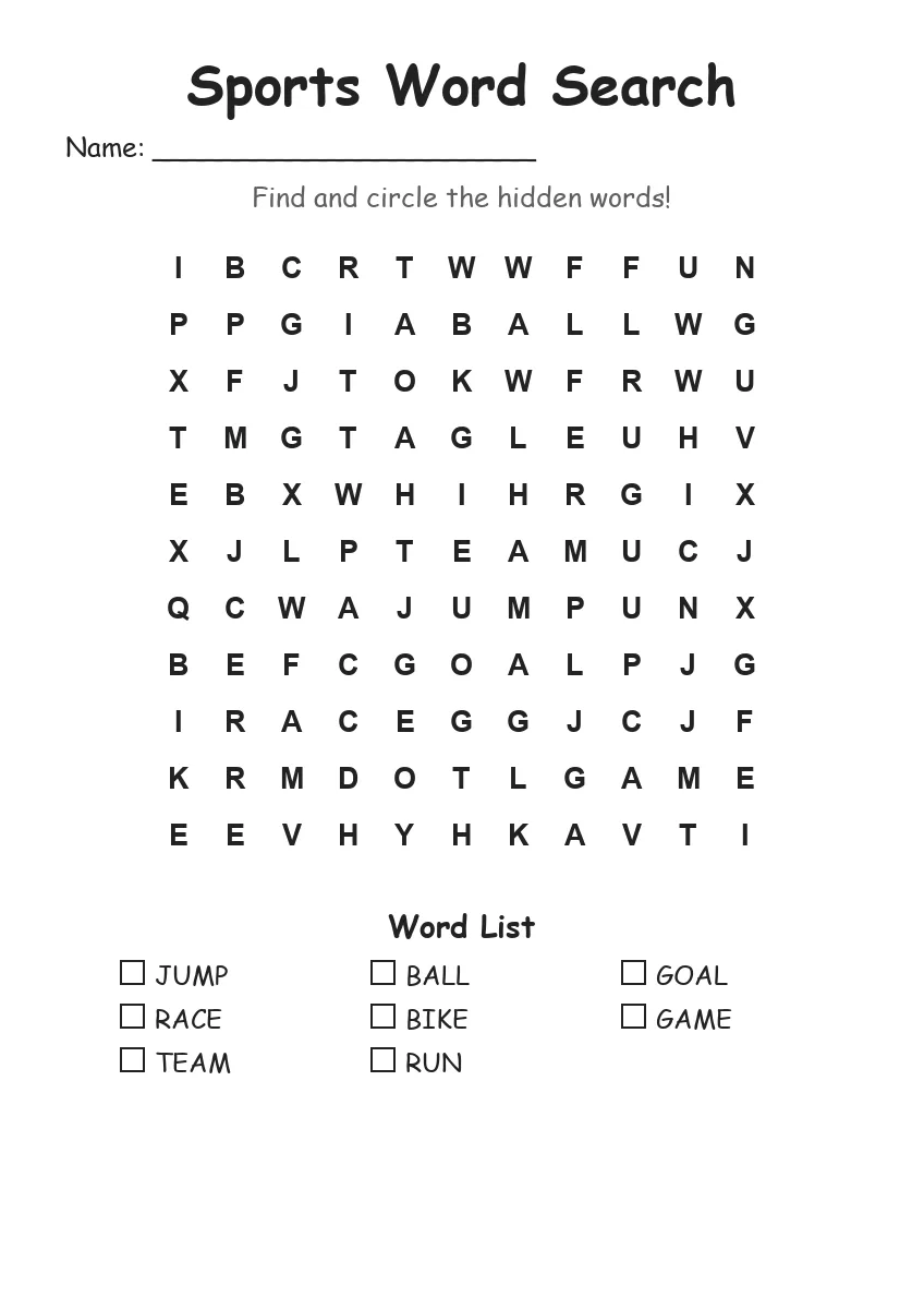 Sports word search worksheet for Grade 1