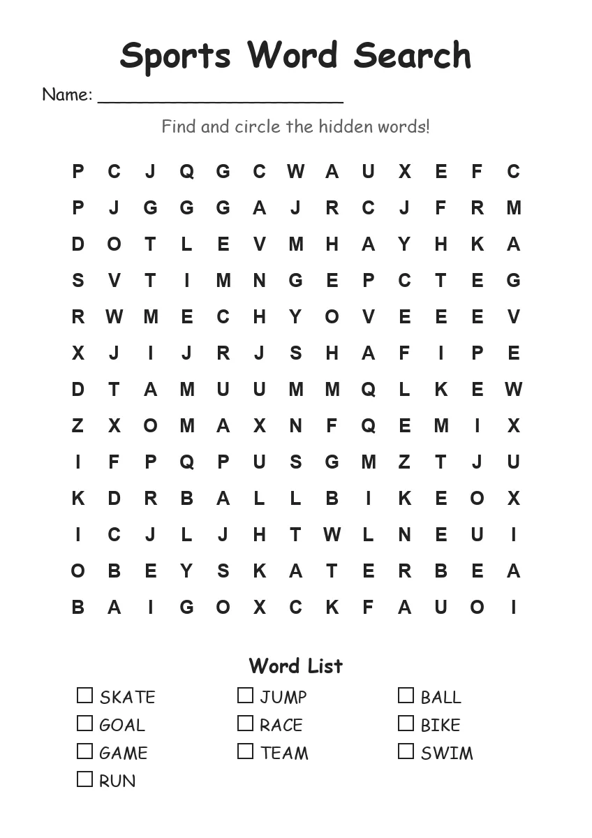 Sports word search worksheet for Grade 2