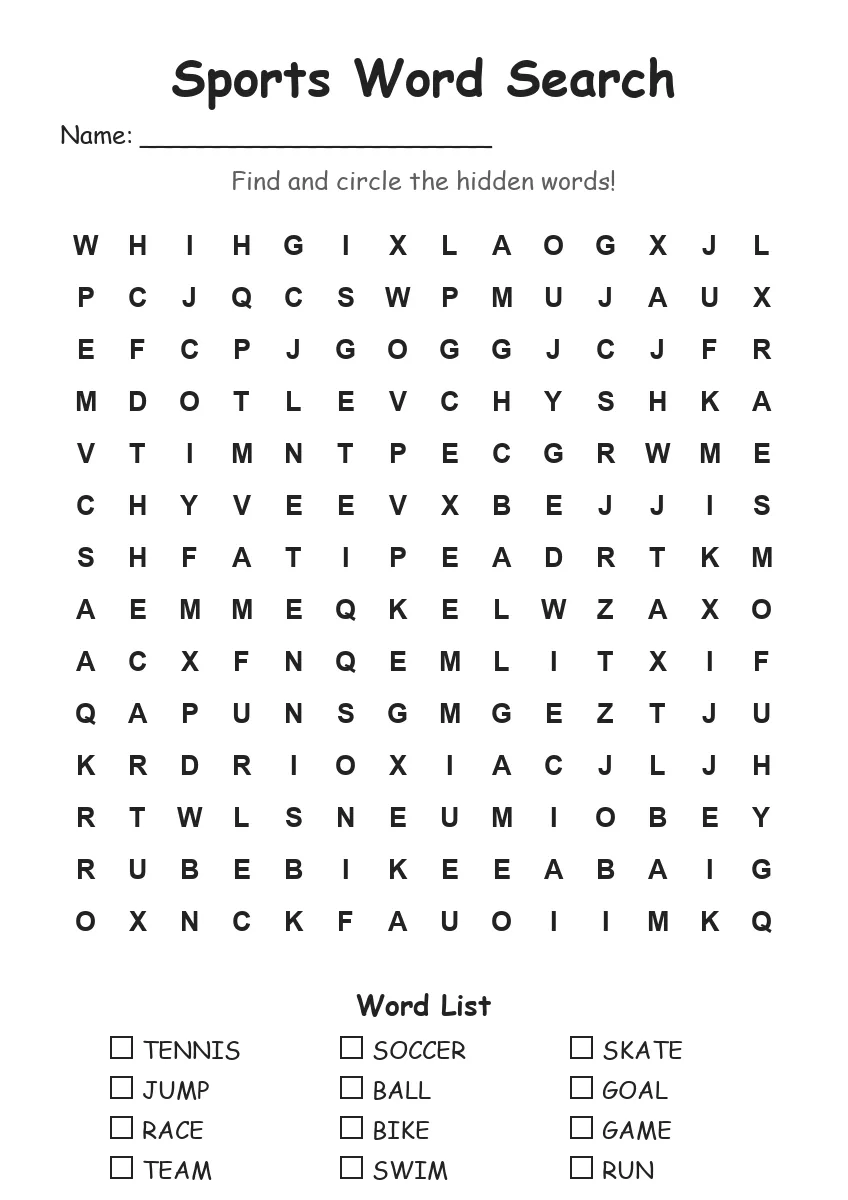 Sports word search worksheet for Grade 3