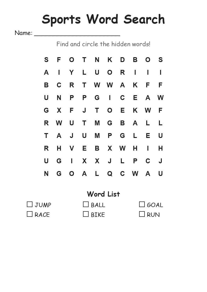 Sports word search worksheet for Kindergarten