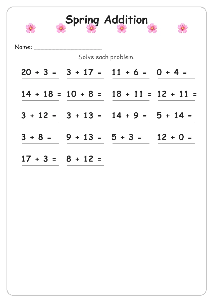 Spring addition worksheet for Grade 2