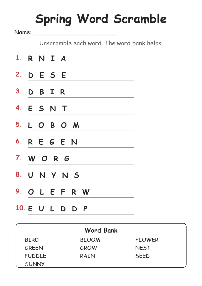 Spring word scramble worksheet for Grade 2