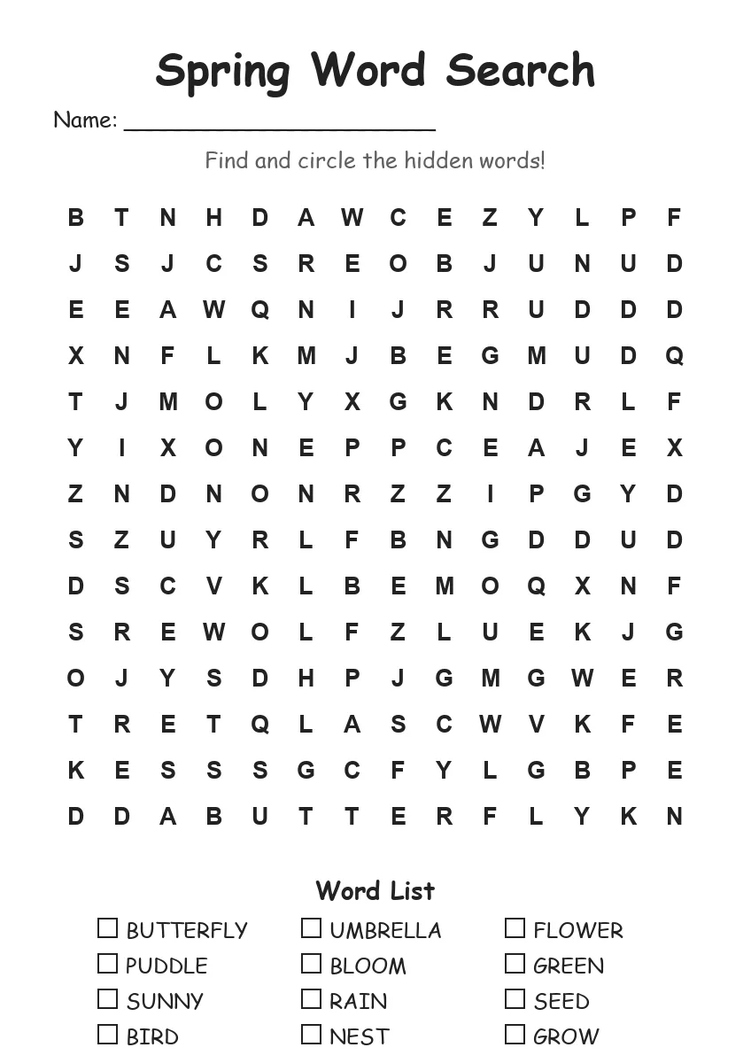 Spring word search worksheet for Grade 3