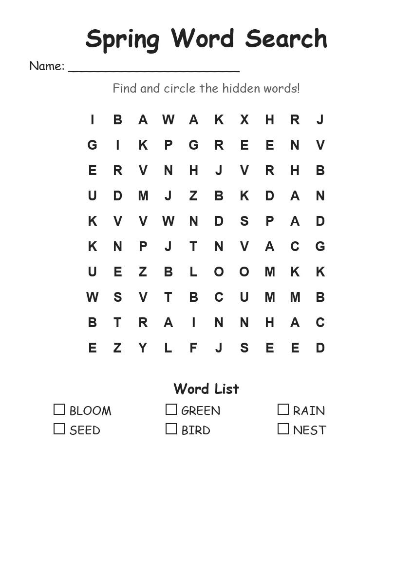 Spring word search worksheet for Kindergarten