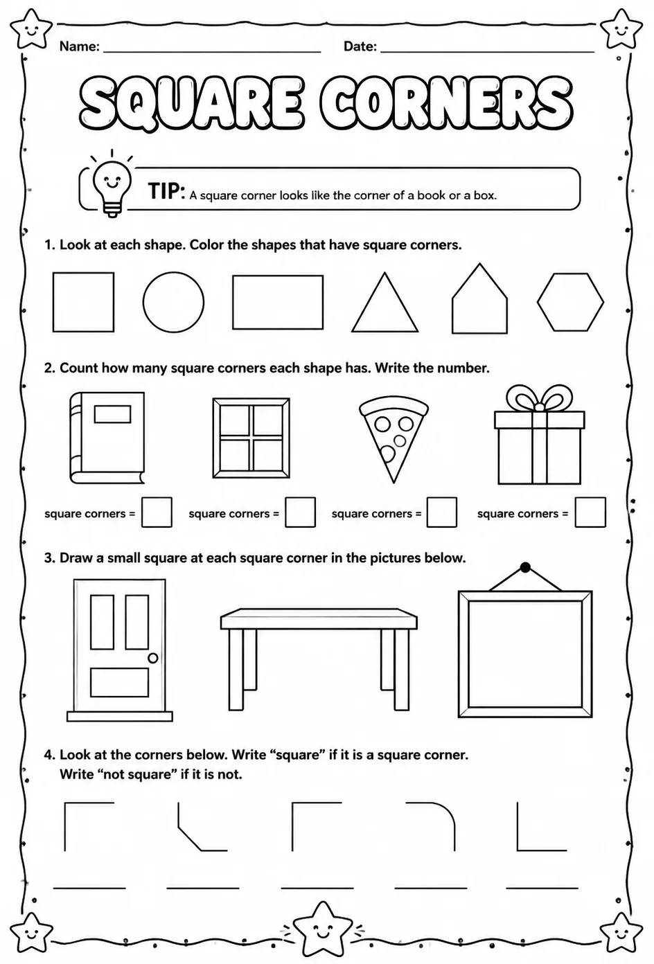Square corners — free printable Grade 1 math worksheet