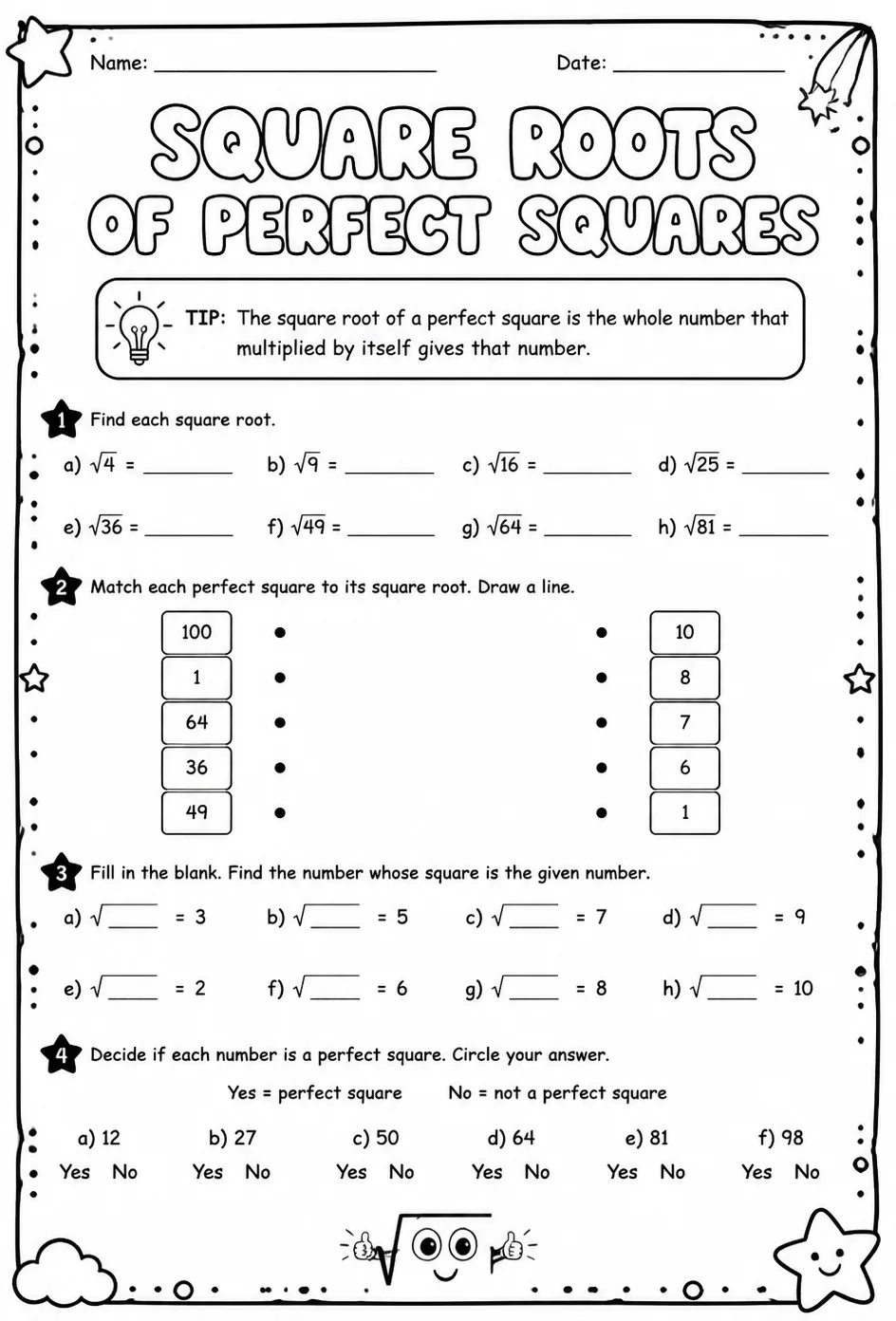 Square roots of perfect squares — free printable Grade 7 math worksheet