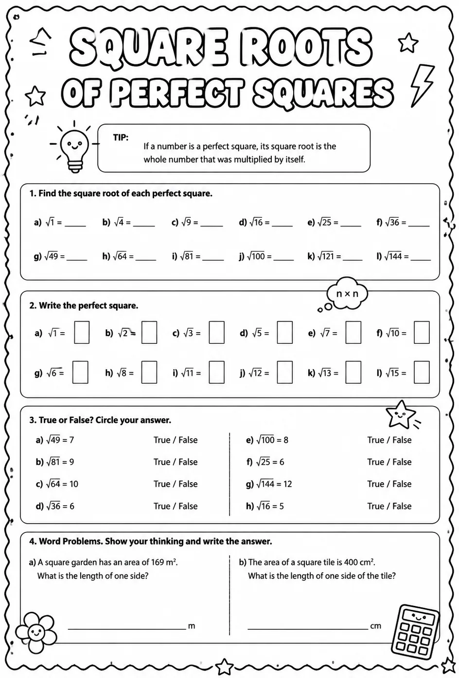 Square roots of perfect squares — free printable Grade 8 math worksheet