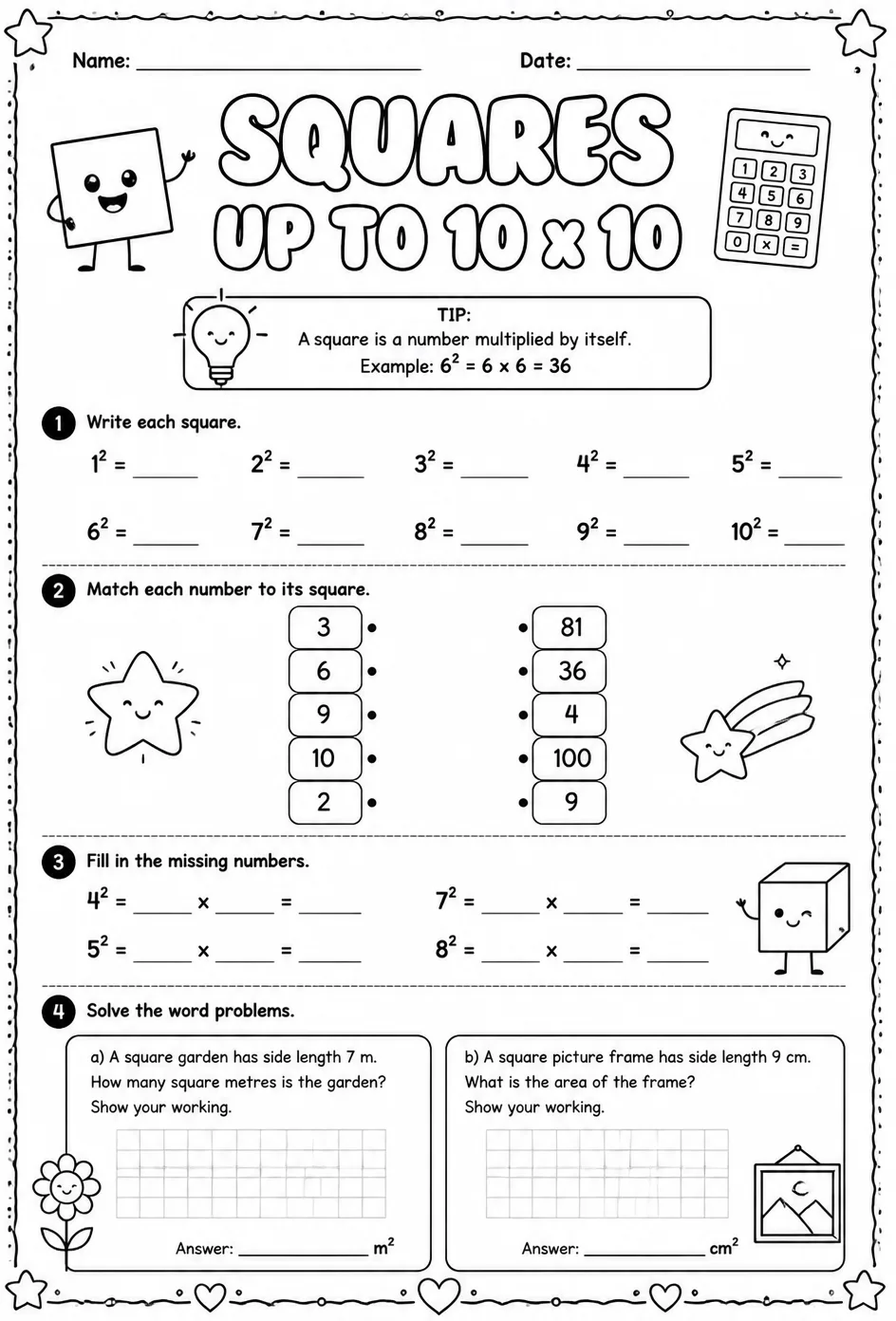 Squares up to 10 x 10 — free printable Grade 3 math worksheet