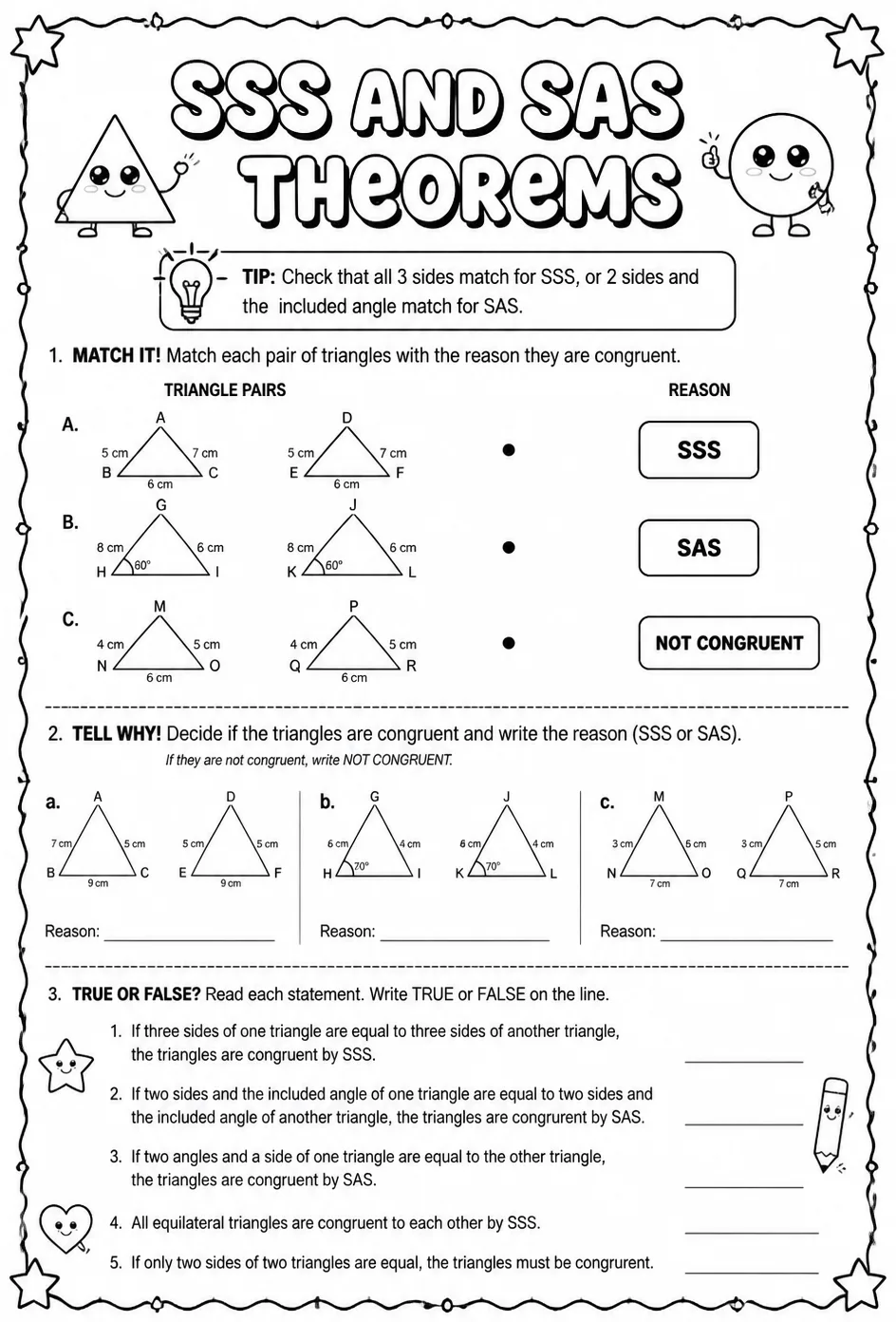 SSS and SAS Theorems — free printable Geometry math worksheet