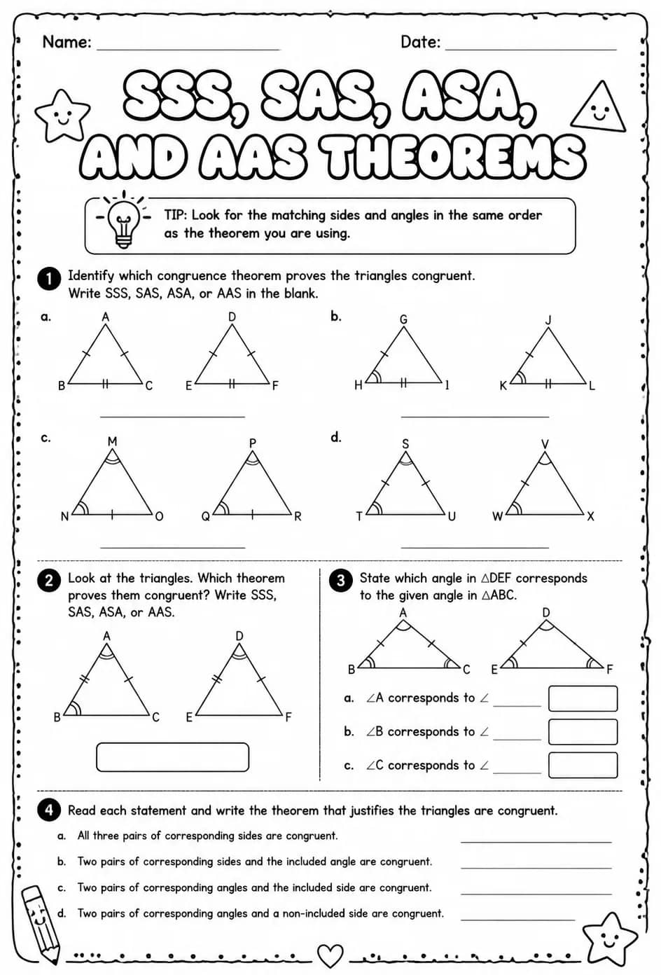 SSS, SAS, ASA, and AAS Theorems — free printable Geometry math worksheet