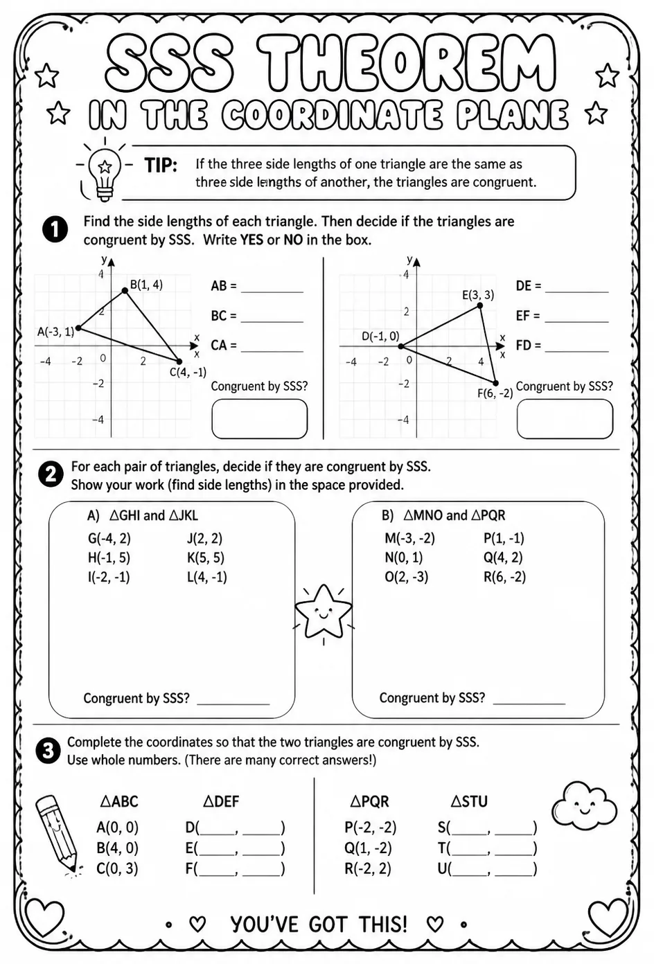 SSS Theorem in the coordinate plane — free printable Geometry math worksheet