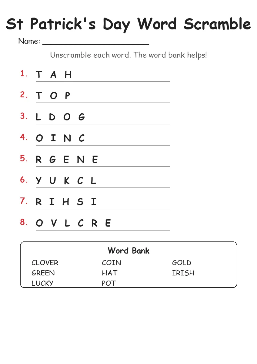 St Patrick's Day word scramble worksheet for Grade 1