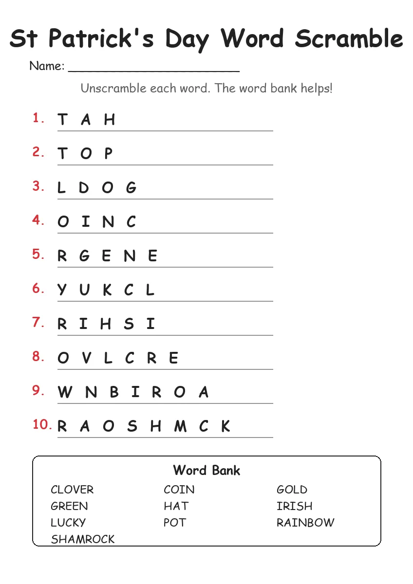 St Patrick's Day word scramble worksheet for Grade 2