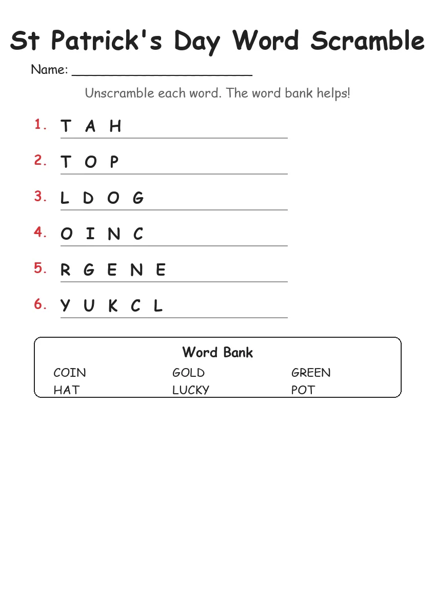 St Patrick's Day word scramble worksheet for Kindergarten