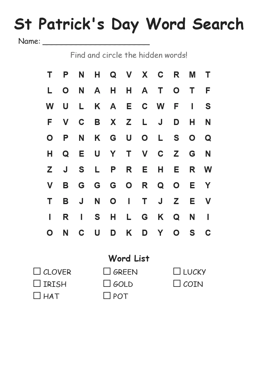 St Patrick's Day word search worksheet for Grade 1