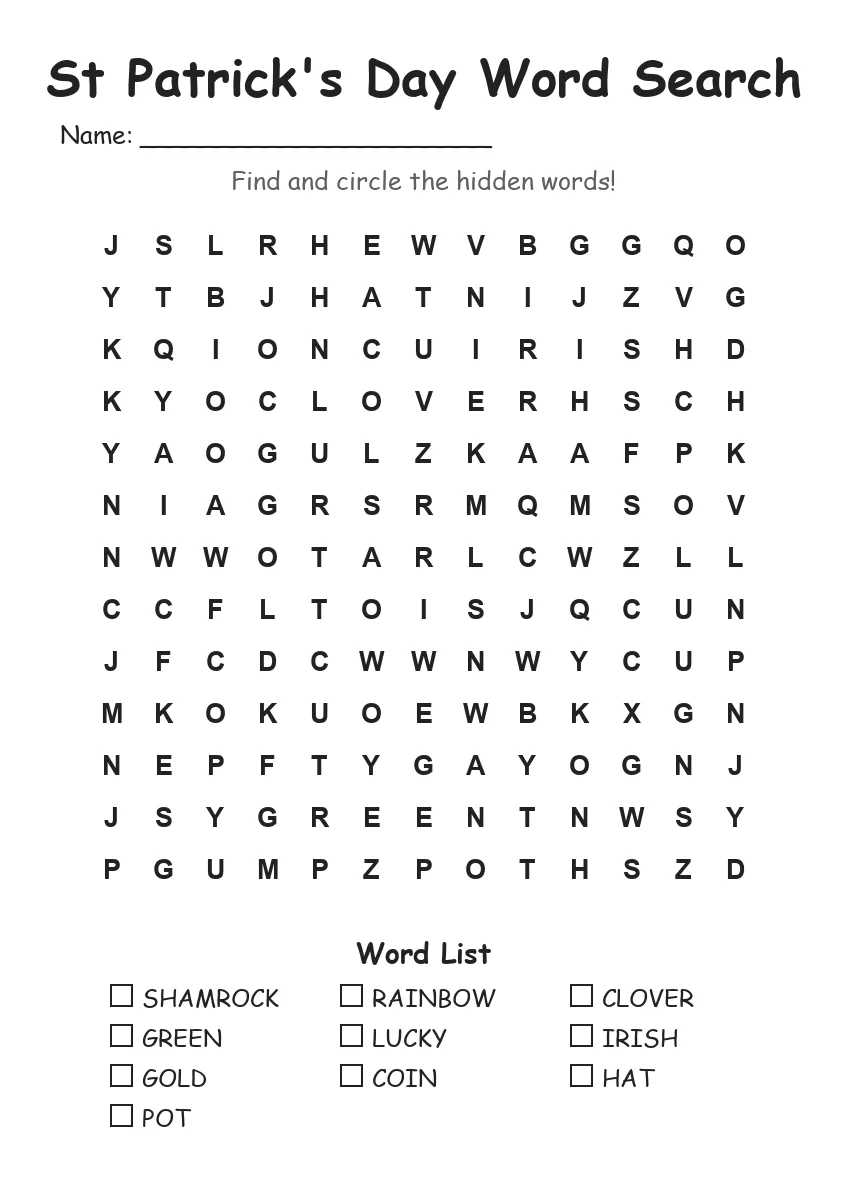 St Patrick's Day word search worksheet for Grade 2