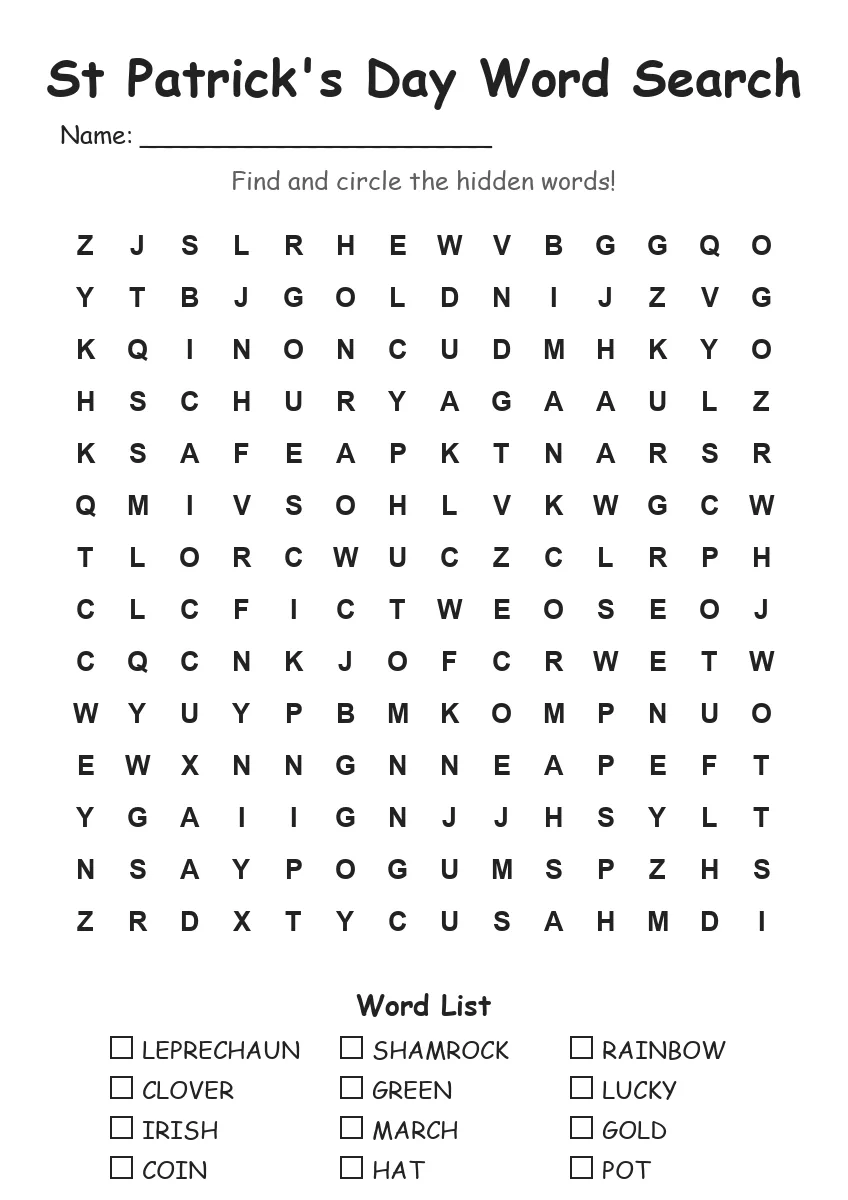 St Patrick's Day word search worksheet for Grade 3