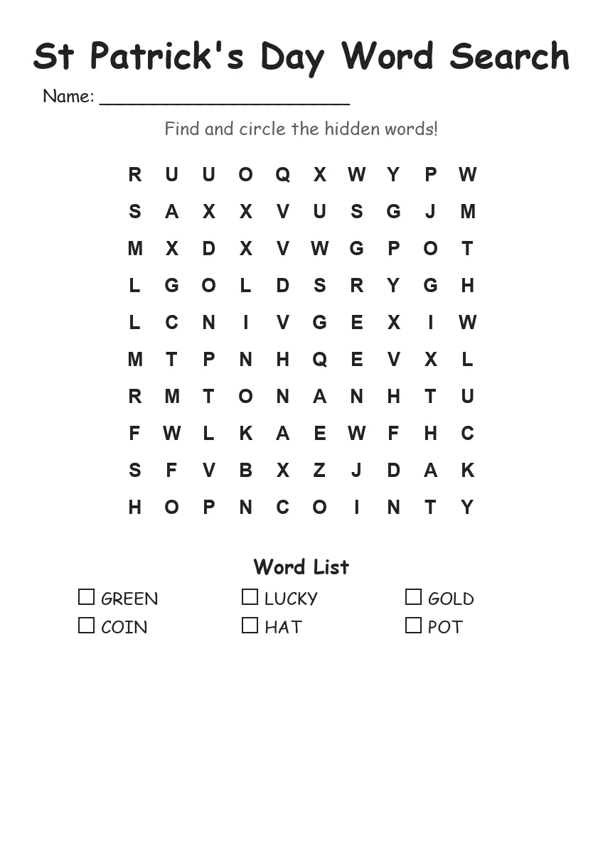 St Patrick's Day word search worksheet for Kindergarten
