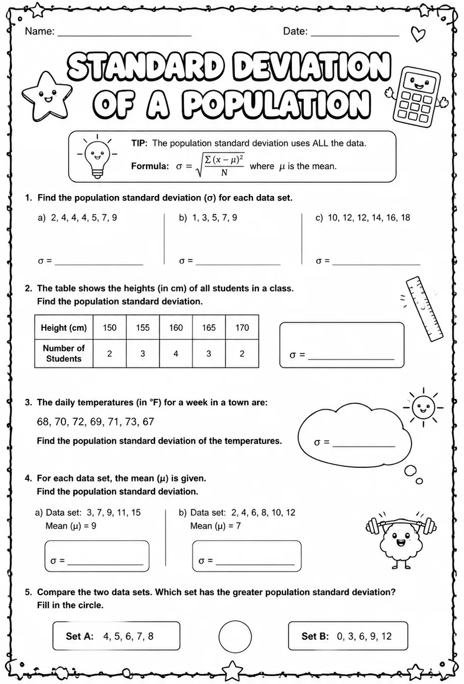 Standard deviation of a population — free printable Algebra 1 math worksheet