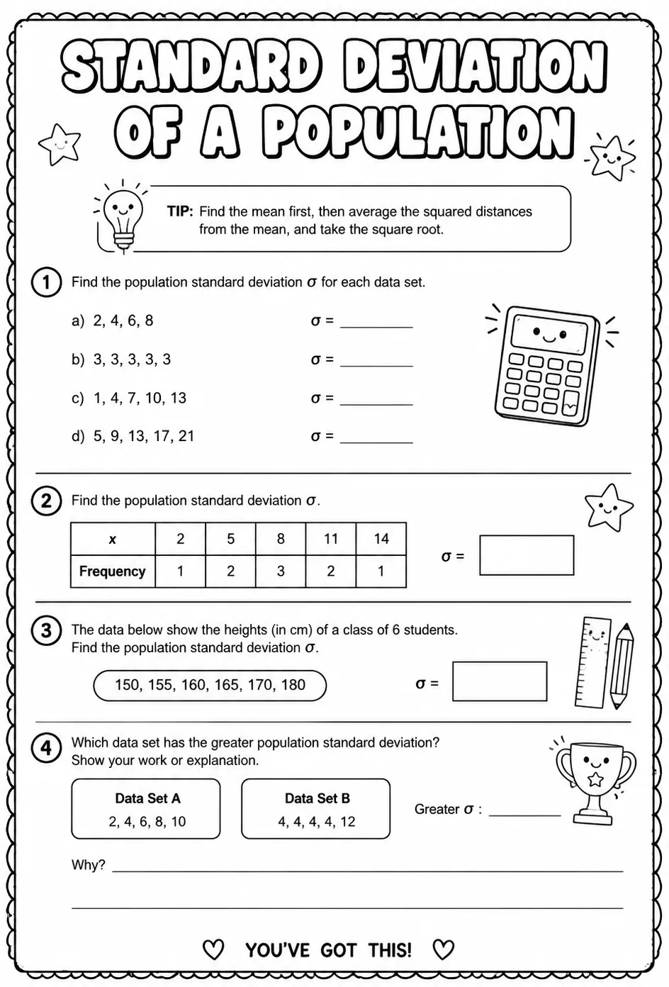 Standard deviation of a population — free printable Precalculus math worksheet