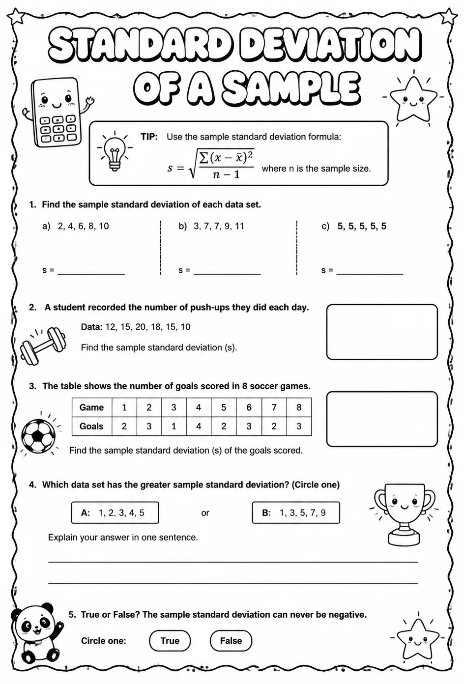 Standard deviation of a sample — free printable Algebra 1 math worksheet